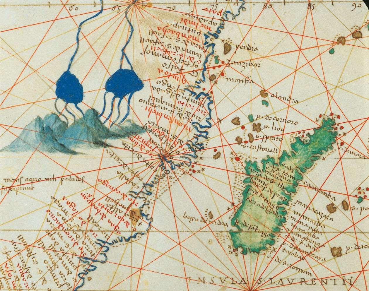インド洋とアジア・アフリカの一部：ナイル川の湧水とマダガスカル、『Atlas of the World in thirty-three Maps』（Battista Agnese著）より 作： バッティスタ・アグネーゼ