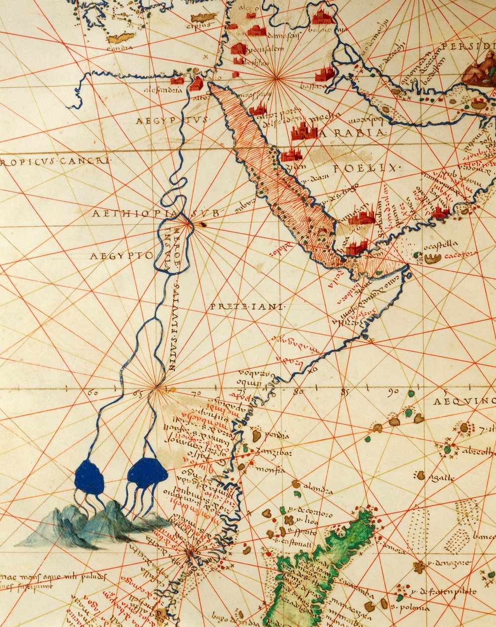 インド洋とアジア・アフリカの一部：ナイル川の流れ、『Atlas of the World in thirty-three Maps』（Battista Agnese著）より 作： バッティスタ・アグネーゼ