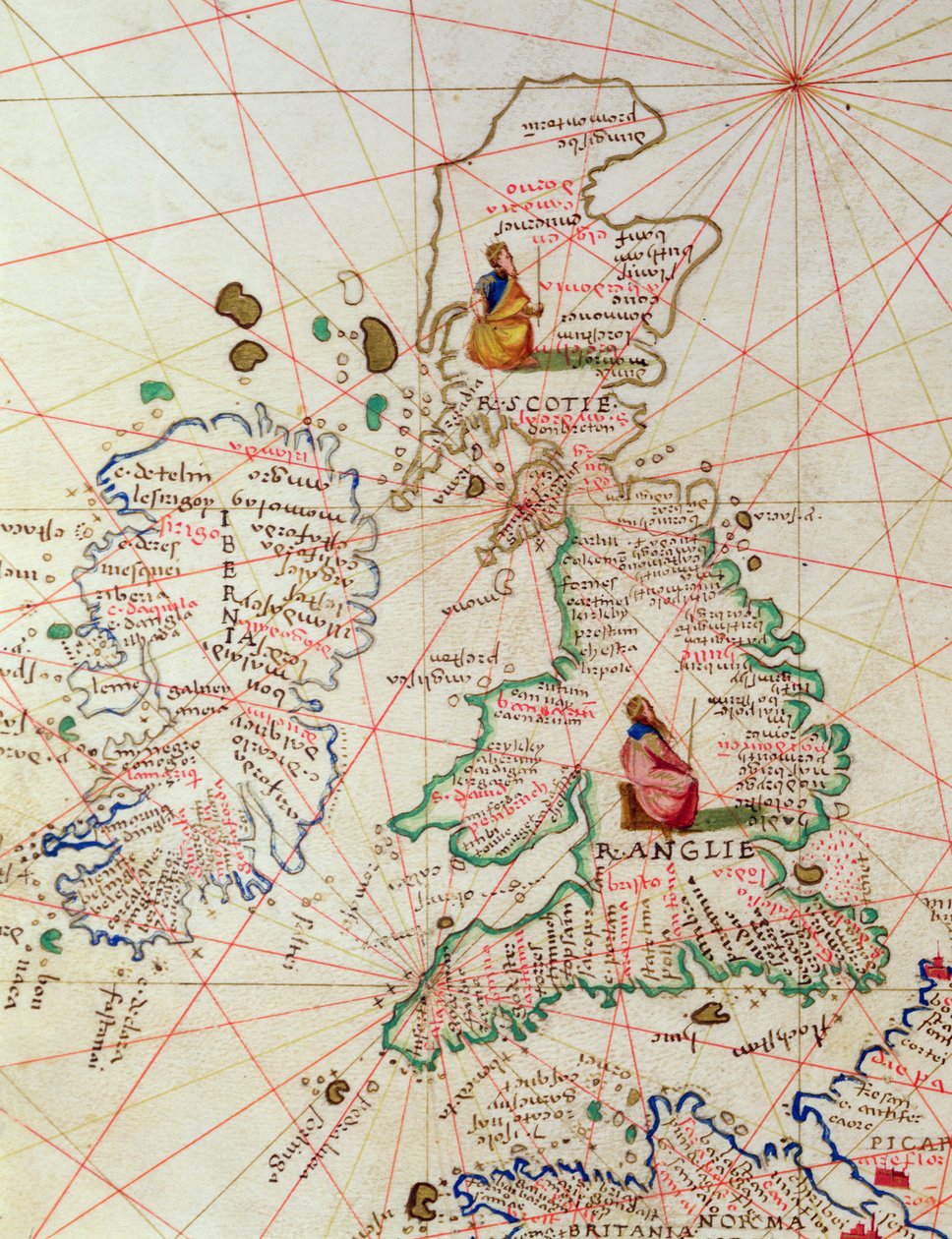 1553年9月1日、ヴェネツィアの33の地図にある世界地図からのイギリスとスコットランドの王国（ベラムのインク）（330949からの詳細） 作： バッティスタ・アグネーゼ