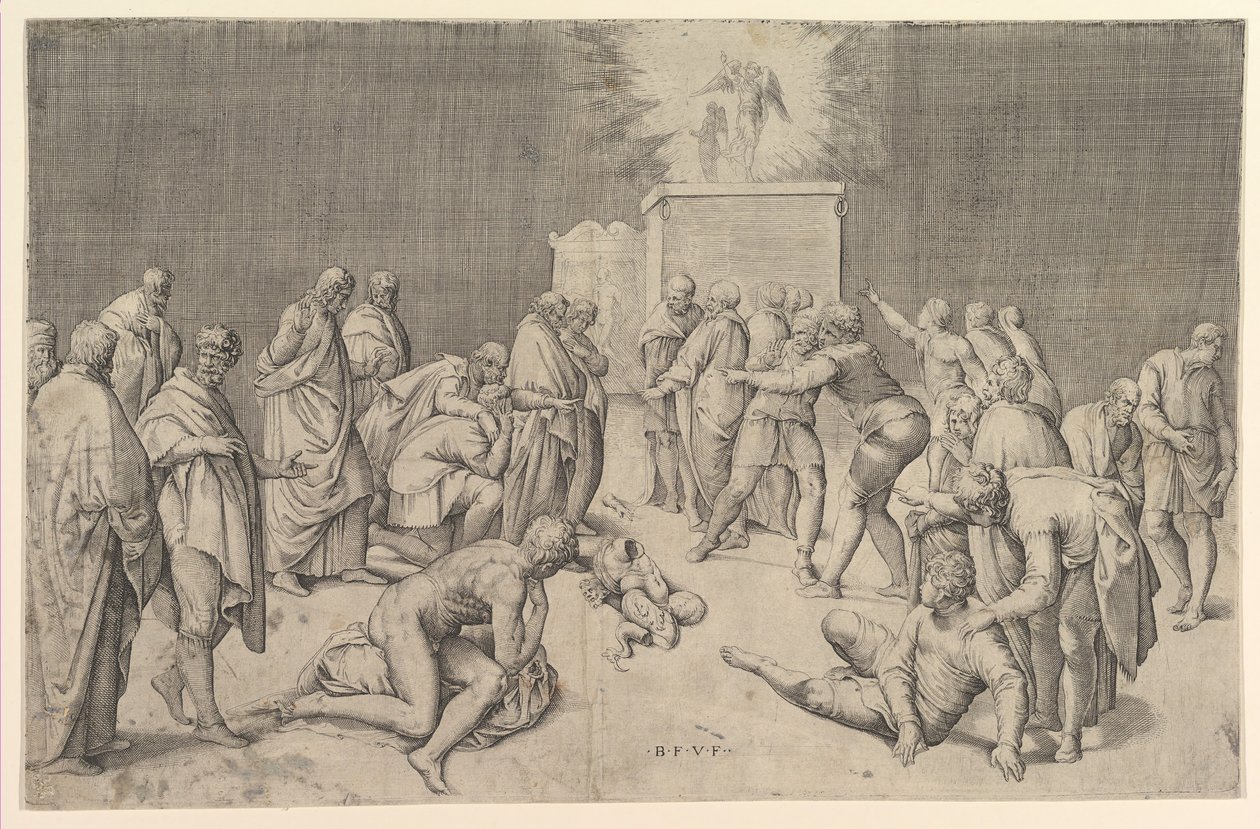 ペリシテ人は契約の箱をダゴンの神殿に置きます。 1540年。 作： バティスタ・フランコ・ベネツィアーノ