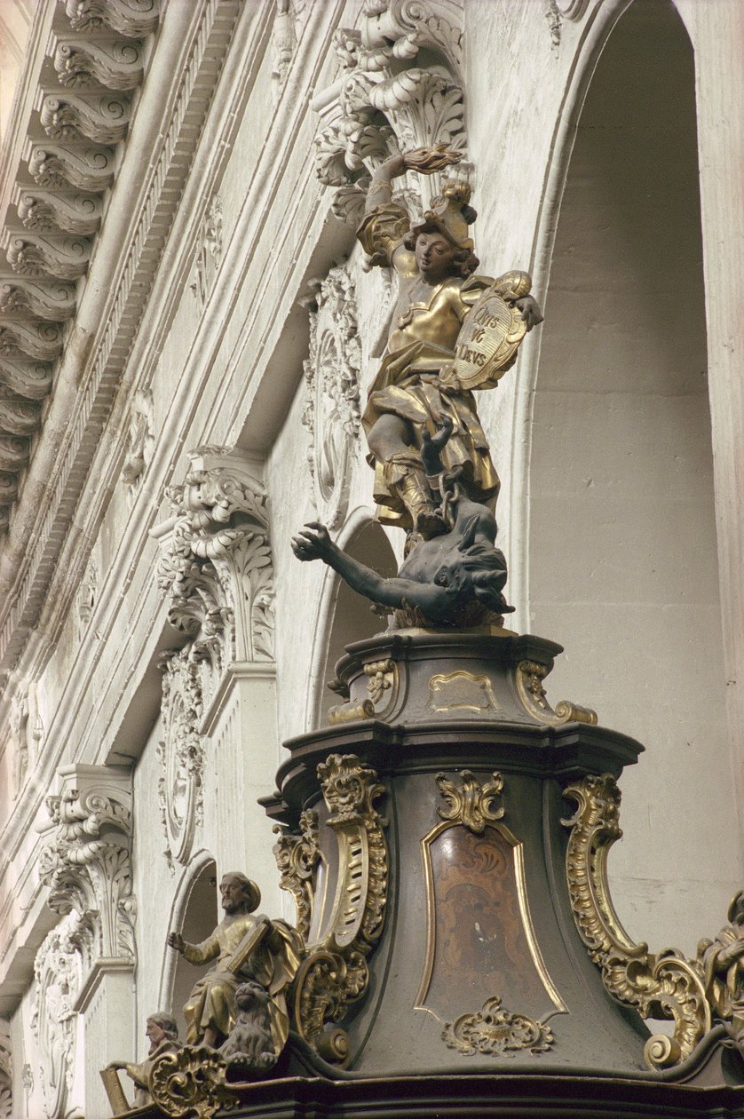 Pulpit of Verityとも呼ばれる説教壇、詳細：聖ミカエルとドラゴン、1749年（金箔、木材、寄木細工）（252679および252681も参照） 作： バイエルンの学校