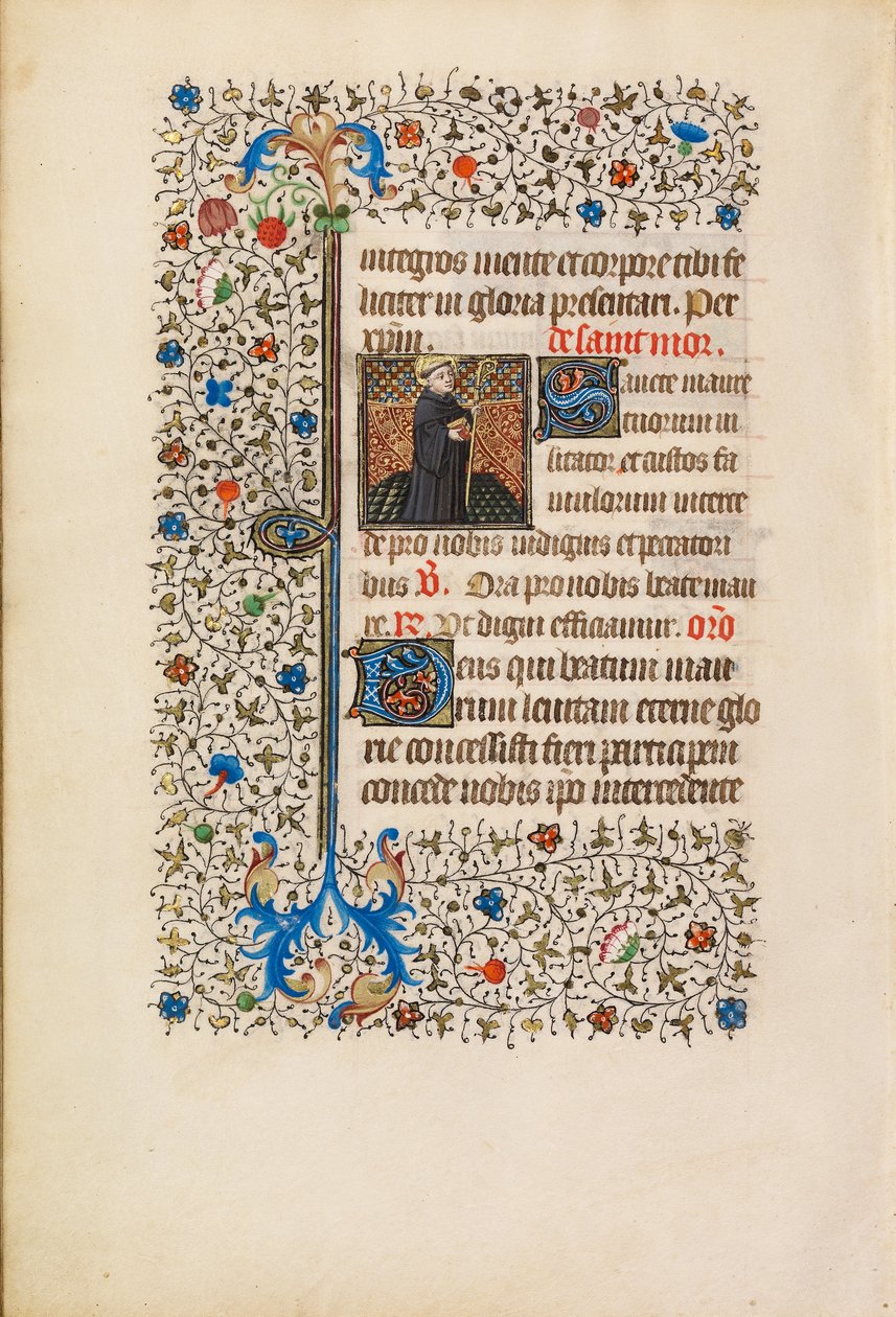 スタッフと本を持ったアボット・マウルス、c.1440-50（テンペラ、金箔、羊皮紙に絵の具とインク） 作： ベッドフォードマスターワークショップ