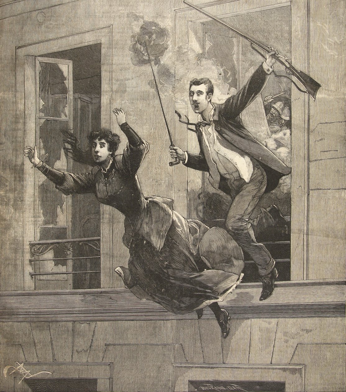 1891年7月12日、「Le Petit Parisien」からのパリ、ジェイコブロードアフェア 作： Beltrand and Clair Guyot、E。Dete
