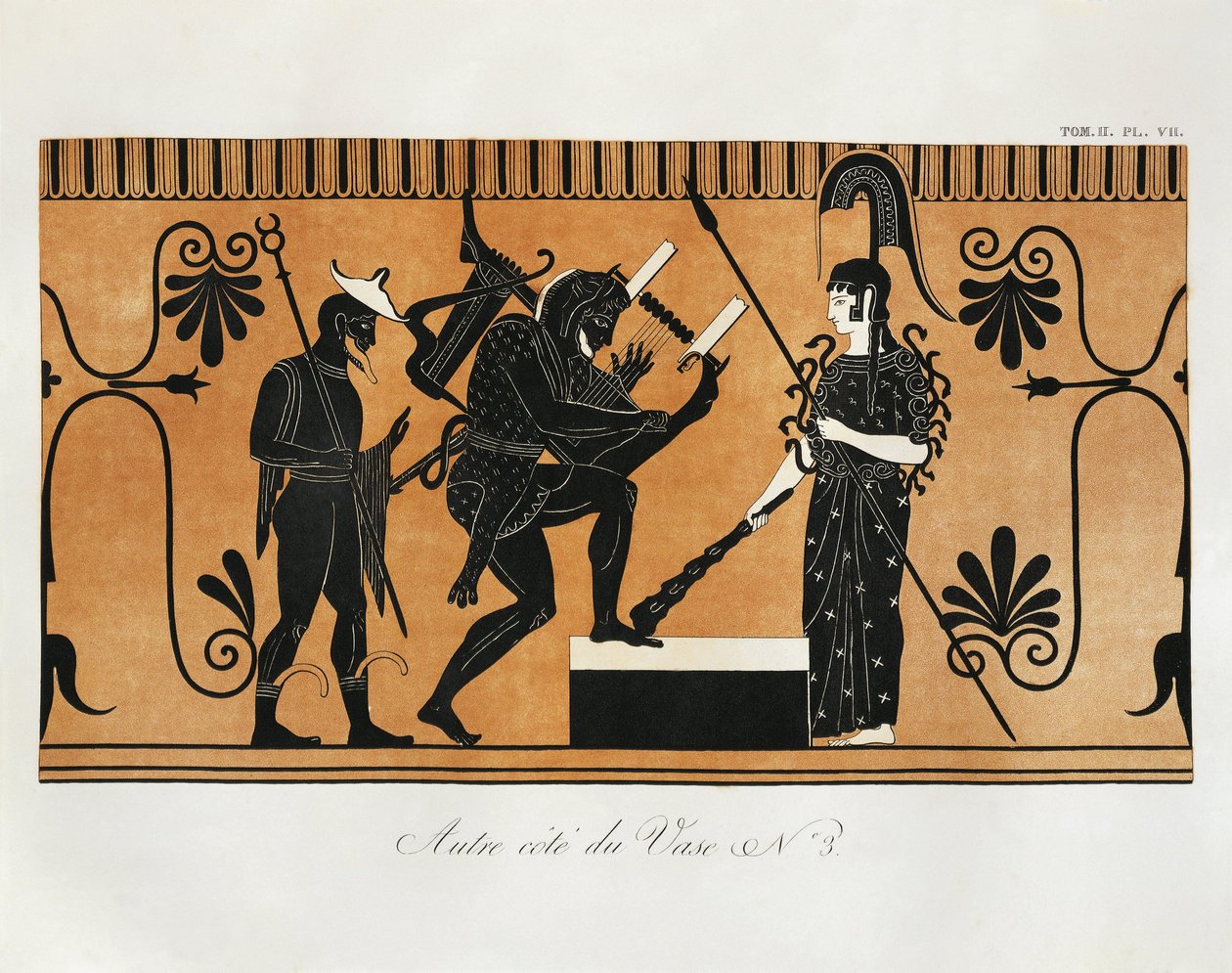 古代ギリシアの壷に描かれた、アテナの前で竪琴を弾くヘラクレスとその後ろに立つヘルメスの場面（ピリンジャー作、ギリシア原画に基づく）、エングレーヴィング 作： ベネディクトまたはベネディクト・パイリンガー
