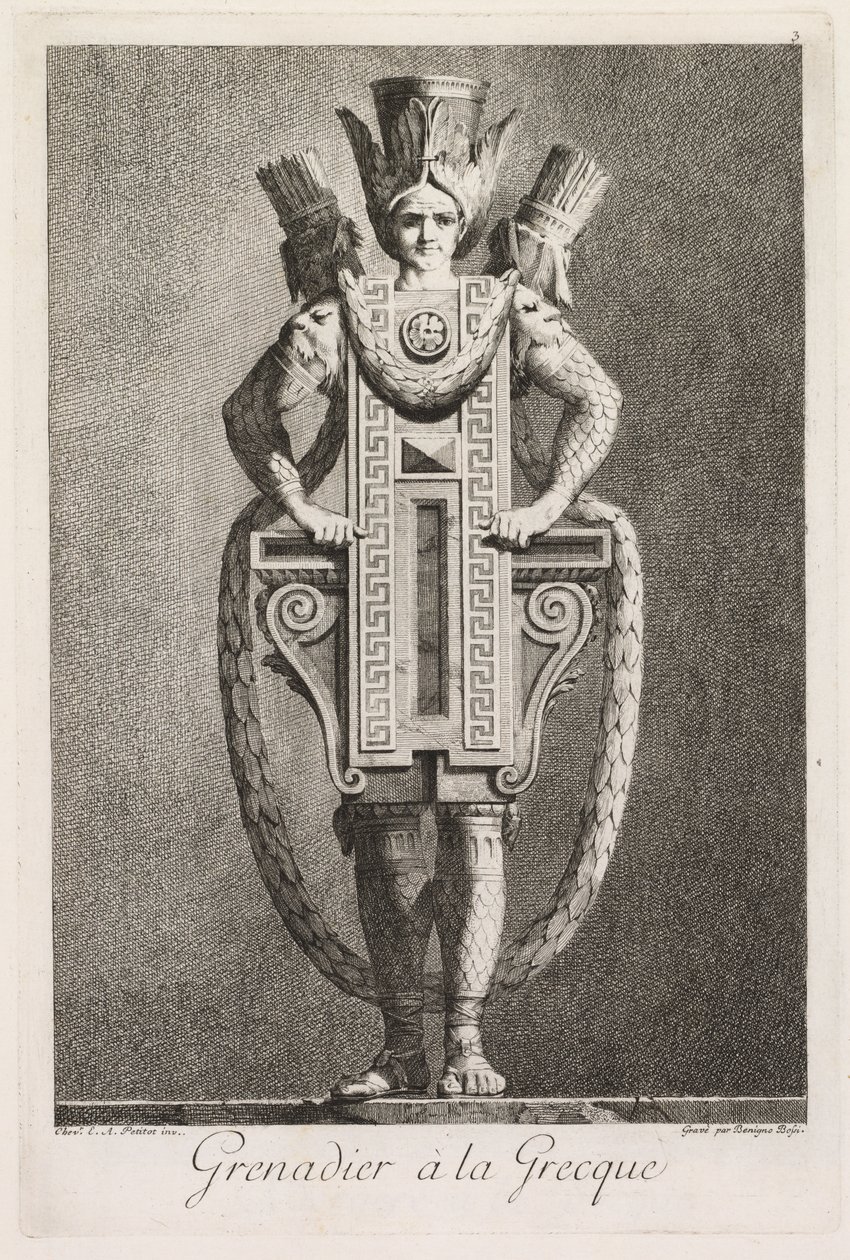 Masquerade à la Grecque: Grenadier à la Grecque Plate 3, 1771年。 作： ベニーニョ・ボッシ