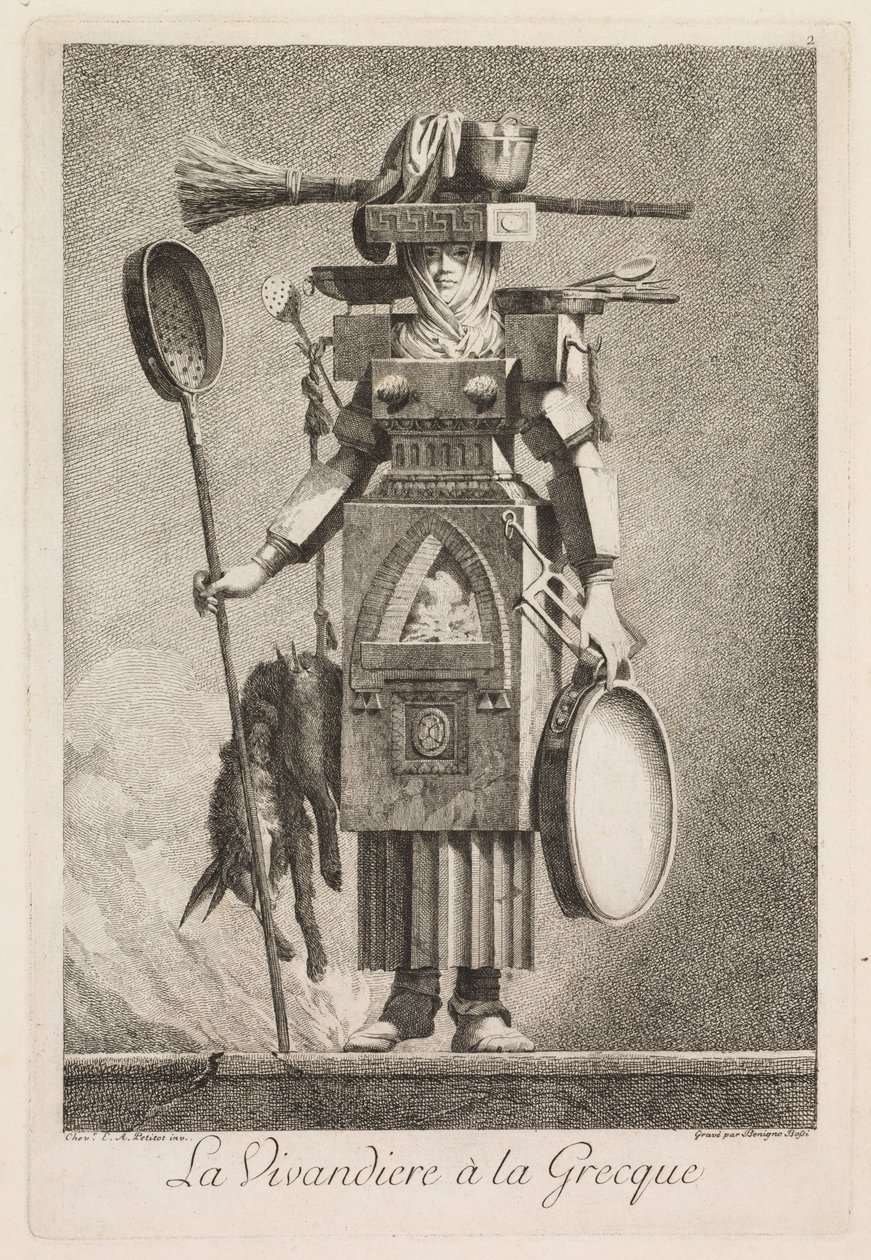 Masquerade à la Grecque: La Vivandière à la Grecque Plate 2, 1771年。 作： ベニーニョ・ボッシ