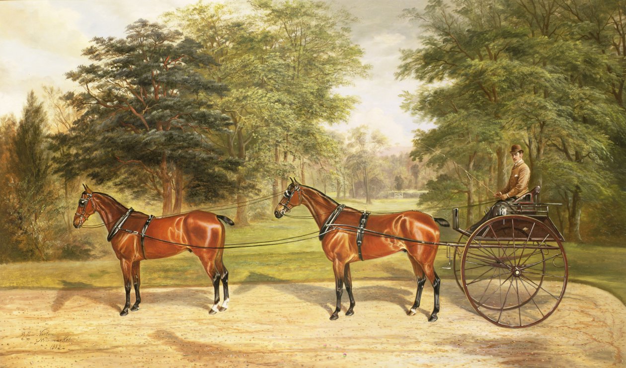 2頭の馬、タンデム式で馬車を引っ張る、1883年 作： ベンジャミン・カム・ノートン