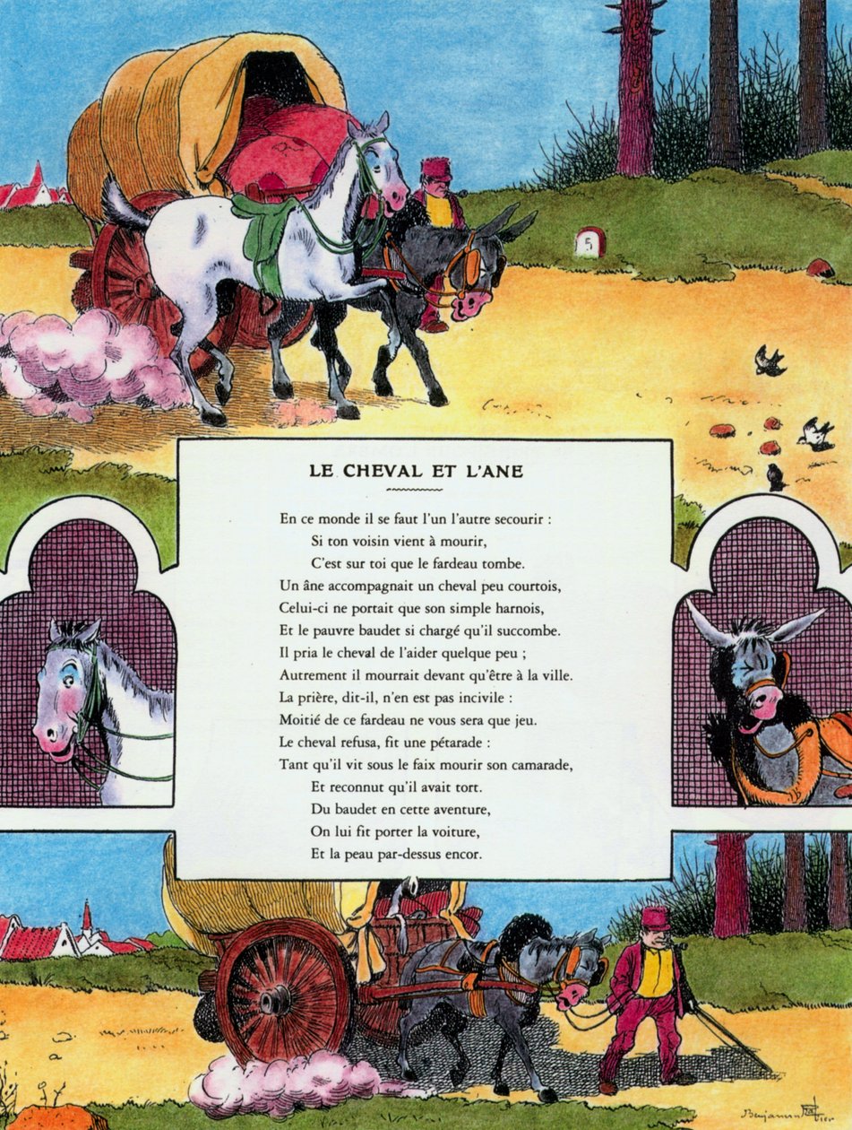 馬と驢馬（Jean de la Fontaineの「寓話」からの挿絵 作： ベンジャミン（後）ラビア