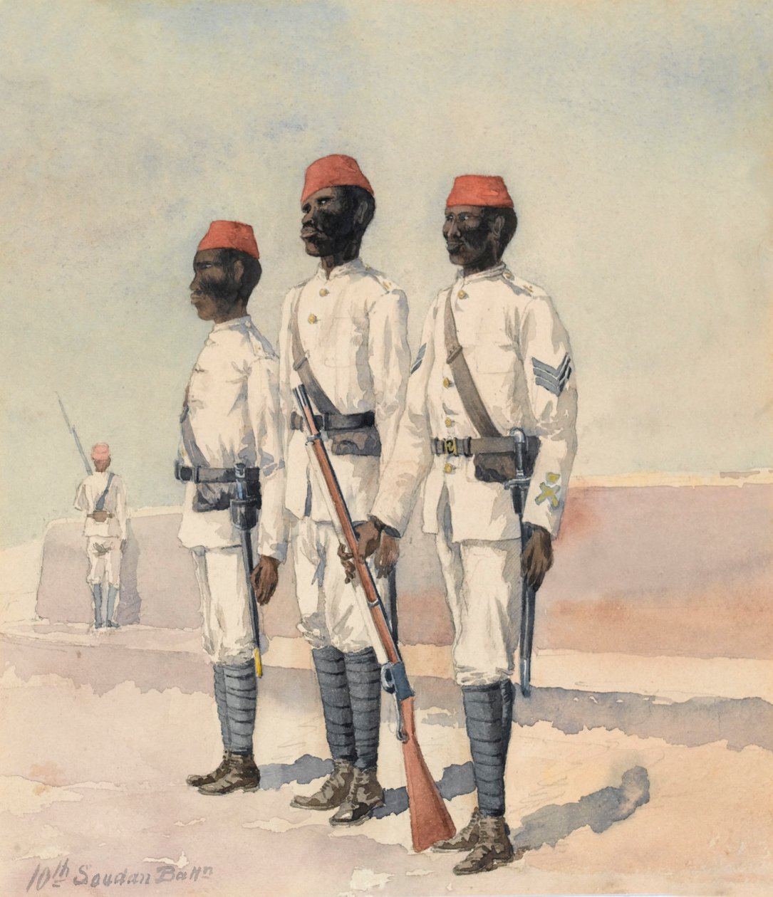 第 10 スーダン大隊の軍曹と 2 人のその他の階級、1889 年頃（水彩） 作： ベンジャミンドニスソープAlsopDonne