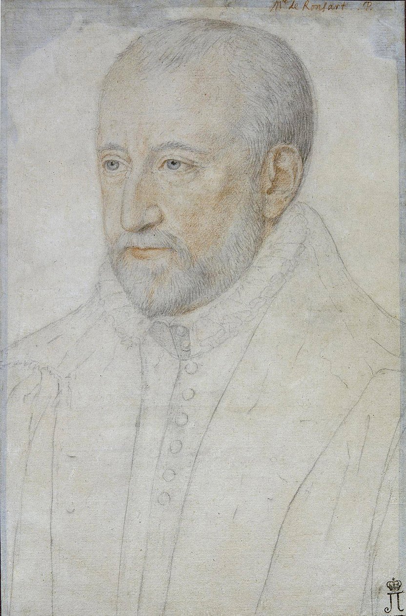 ピエール・ド・ロンサール (1524-1585) パー・フーロン、ベンジャミン (ca 1550-ca 1612) の肖像。 紙に黒チョークと血色、サイズ : 33x23、16 世紀後半、エルミタージュ美術館、サンクトペテルブルク 作： ベンジャミン・ファロン