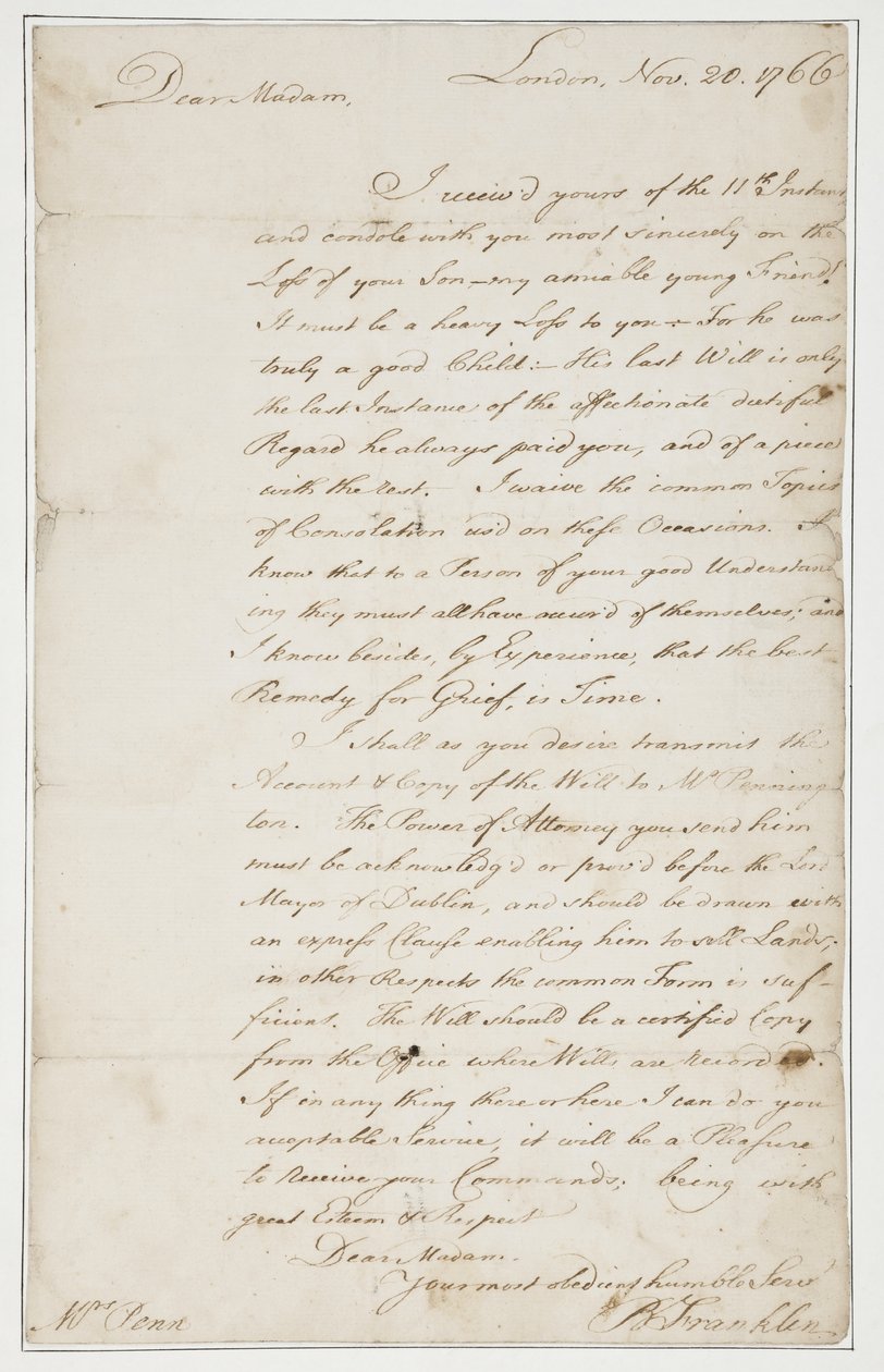 1766年11月20日、ロンドンのアンペン夫人への直筆の手紙（紙にペンとインク） 作： ベンジャミン・フランクリン