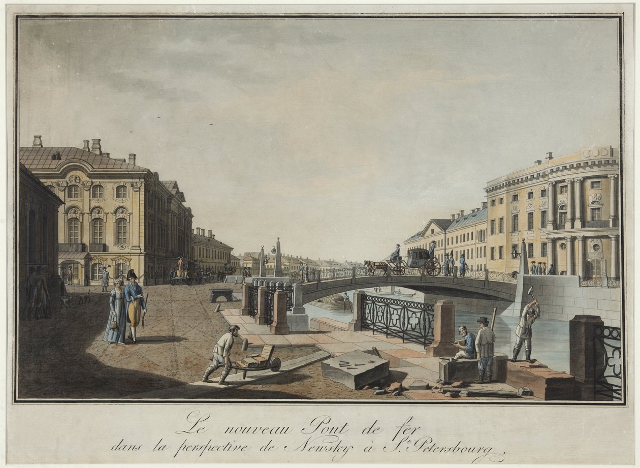 サンクトペテルブルクの緑の橋の眺め - Benjamin Paterssen (1748-1815).エッチング、水彩画、1808年以降。サンクトペテルブルク国立歴史博物館 作： ベンジャミン・パターソン