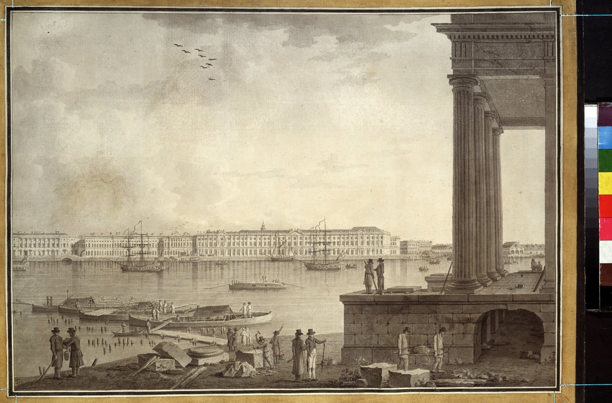 冬宮殿とサンクトペテルブルクの証券取引所の眺め。 Benjamin Paterssen (1748-1815) の作品、紙に鉛筆とインク、1790 年頃。スウェーデンの芸術 作： ベンジャミン・パターソン