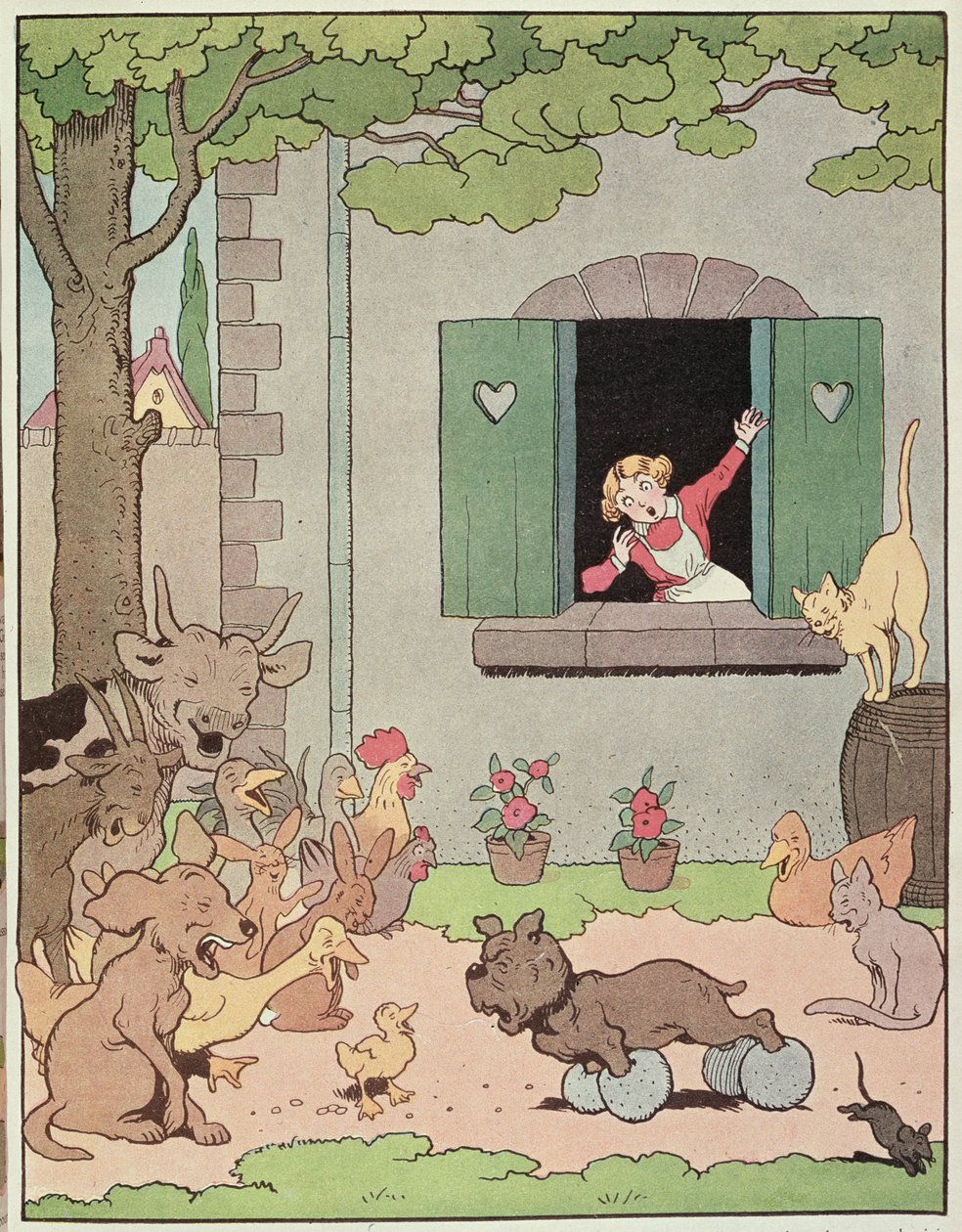 グロニャールの不快感を喜ぶ農場の動物、「Placide et Gedeon」のイラスト、1926年（カラーリソ） 作： ベンジャミン・ラビエ
