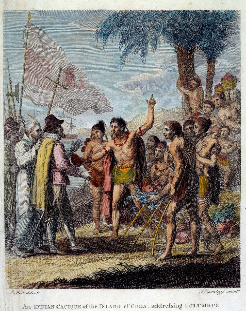 キューバ島のインディアン・カシケが、クリストファー・コロンブス（1451-1506）やヨーロッパの軍人・教会関係者を歓迎し、新しい国家の建設について話し合っている。英国植民地の民衆と商業の歴史」の表紙 作： ベンジャミンウェスト