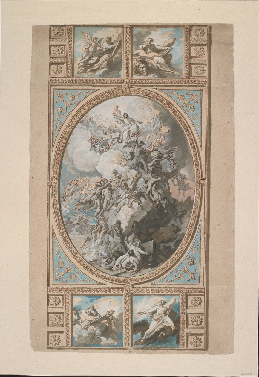 ロイヤルチャペル、ウィンザー城（recto）、c.1779（黒チョーク、ペン＆ブラウンインク＆水彩）の天井装飾のデザイン、ホワイト、グレー、ブルーのボディカラーとブラウンウォッシュのタッチで強調 作： ベンジャミンウェスト