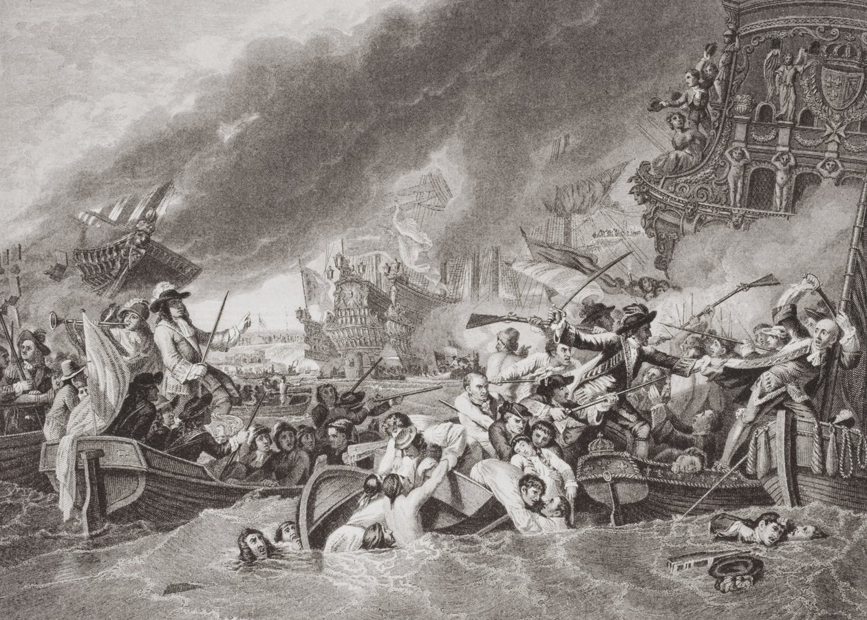 「イギリスとスコットランドの歴史の図解」第II巻、1692年5月22日、フランスの艦隊の破壊、ラホグの戦い 作： ベンジャミンウェスト