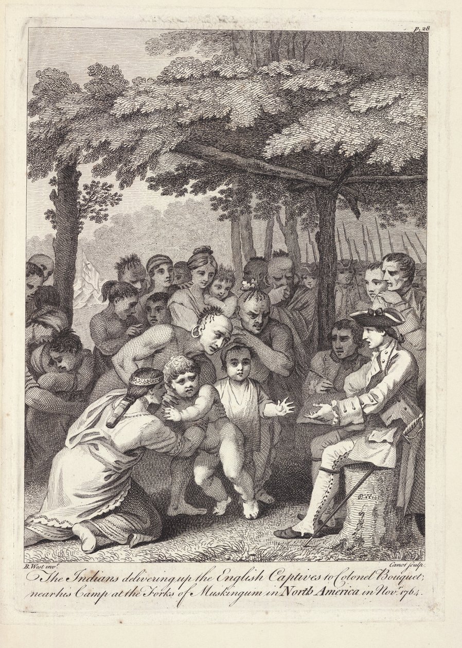 1764年11月に北アメリカのフォークスオブマスキンガムのキャンプ近くのブーケ大佐にイギリス人捕虜を配ったインディアン 作： ベンジャミンウェスト