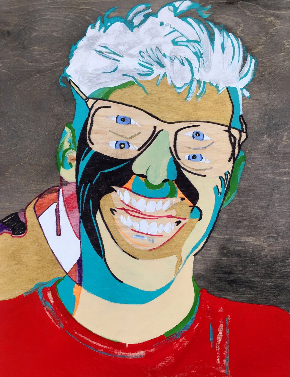 Surportrait : Simon Boulerice, 2021 (木製パネルに油彩、アクリル) 作： ブノワ・エルワン・ブシュロ