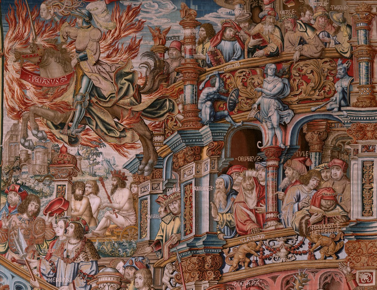 Flämischer Wandteppich. Serie Die Ehren. Ruhm. Dritter Wandteppich der Serie. Modell von Zeichnern aus dem Kreis von Bernard van Orley und Jan Gossaert (Mabuse). Herstellung Pieter van Aelst, Brüssel. Ca. 1550. Stoff Gold, Silber, Seide und Wolle. von Bernaert van (circle of) Orley