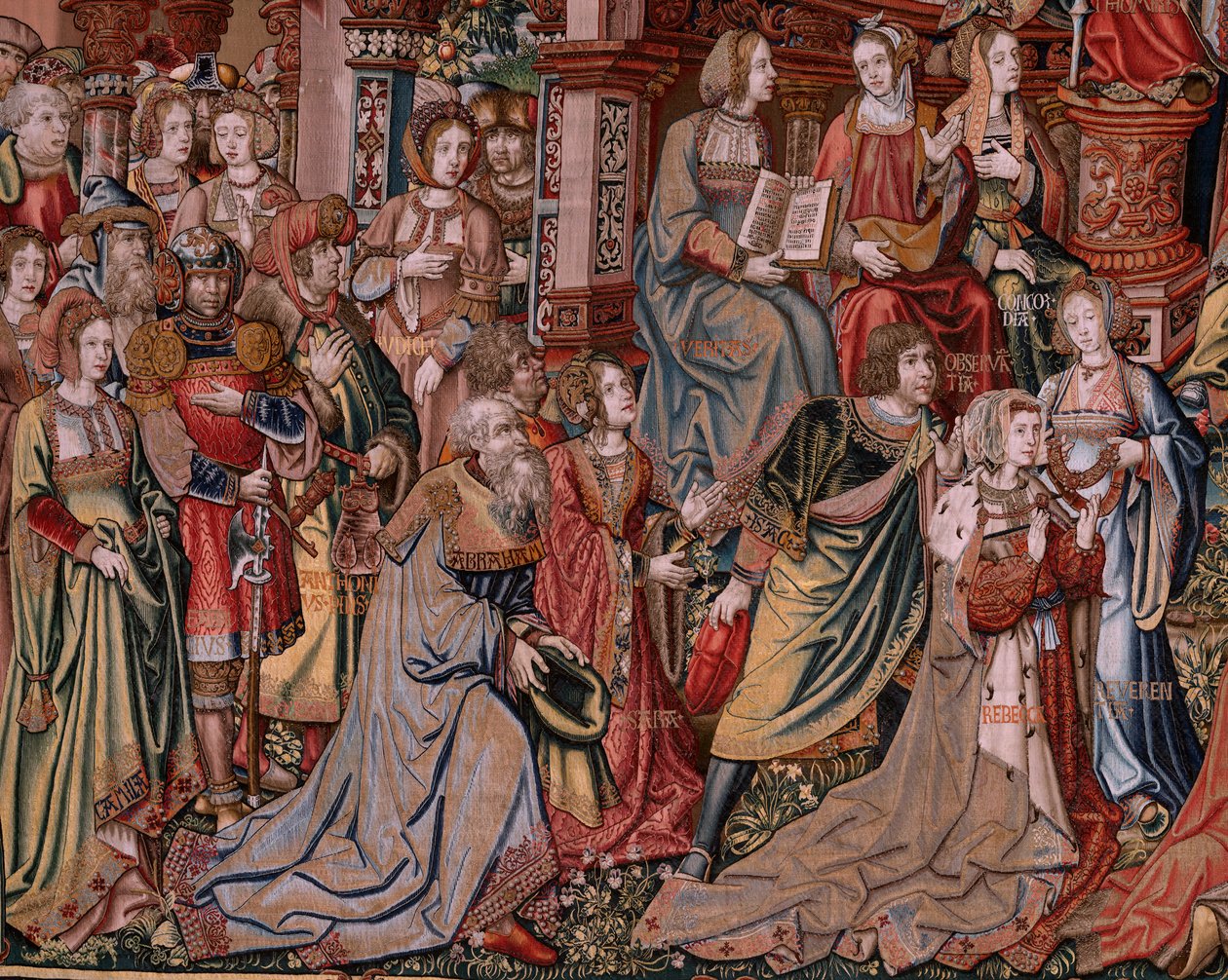 フランダースのタペストリー。 シリーズ ザ・オナーズ。 正義（ラ・フスティシア、ロス・オノレス）。 シリーズ9作目のタペストリー。 Bernard van Orley と Jan Gossaert (Mabuse) のサークルのモデル漫画家。 ブリュッセルのピーター・ファン・アールストのマニュファクチュール。 Ca 1550. ファブリック ゴールド、シルバー、 作： Bernaert van（円）Orley