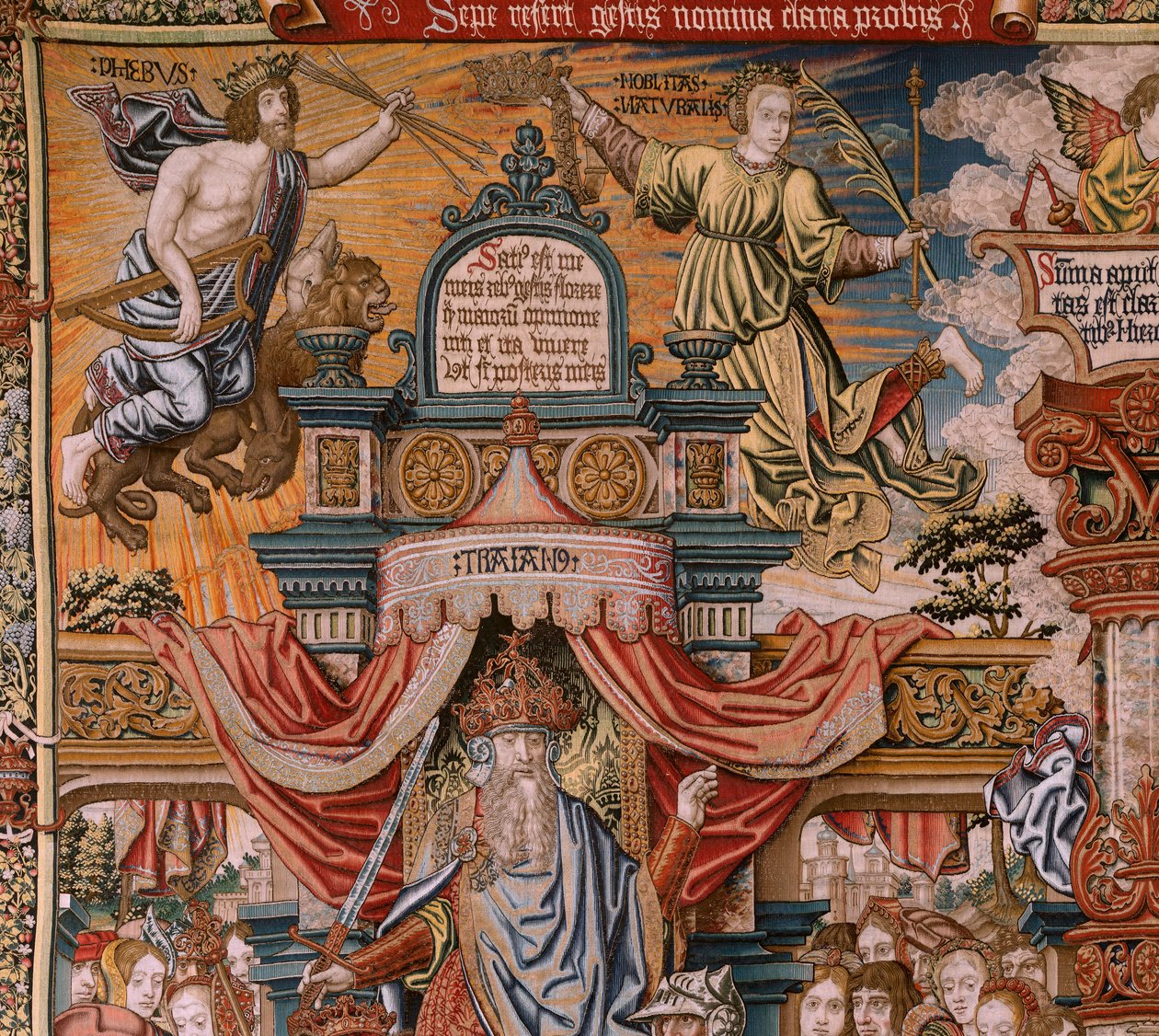 フランダースのタペストリー。 シリーズ The Honors; 貴族（ラ・ノブレザ）。 シリーズ4作目のタペストリー。 Bernard van Orley と Jan Gossaert (Mabuse) のサークルのモデル漫画家。 マニュファクチュール Pieter van Aelst, Brussels.Ca 1550. ファブリック ゴールド、シルバー、シルク、ウール 作： Bernaert van（円）Orley