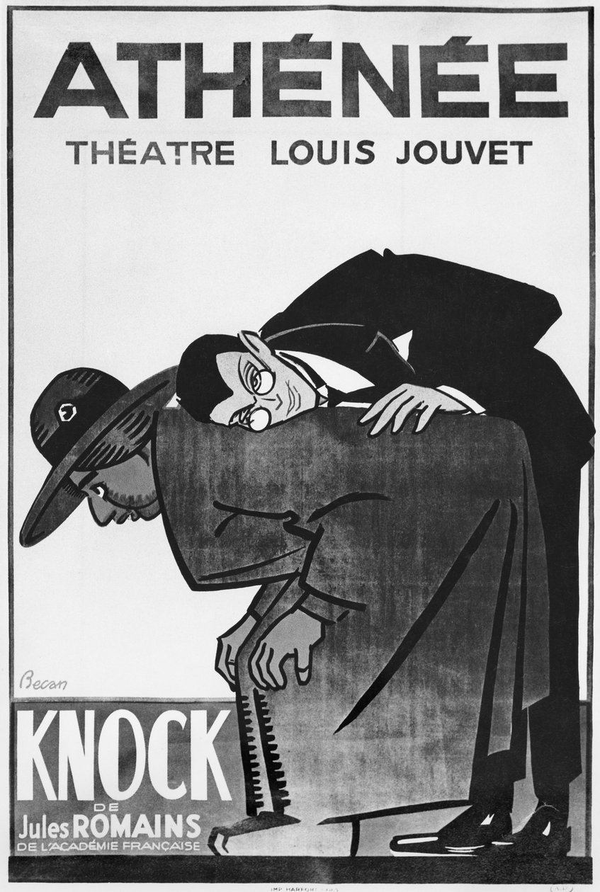 アテネ劇場でのジュール・ロマンス（1885-1972）によるノックまたは医学の勝利の宣伝ポスター（bw写真） 作： バーナード・ベカン