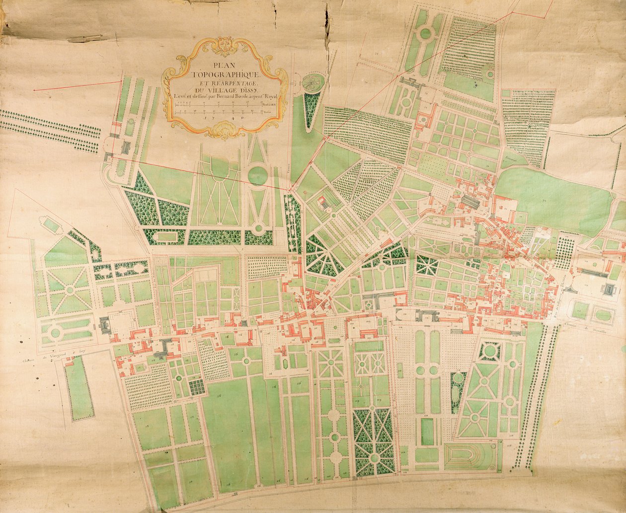 N11Seine87地形図とイッシーの村の調査、1740年（紙にペン、インク、トイレ） 作： バーナード・ボルデ