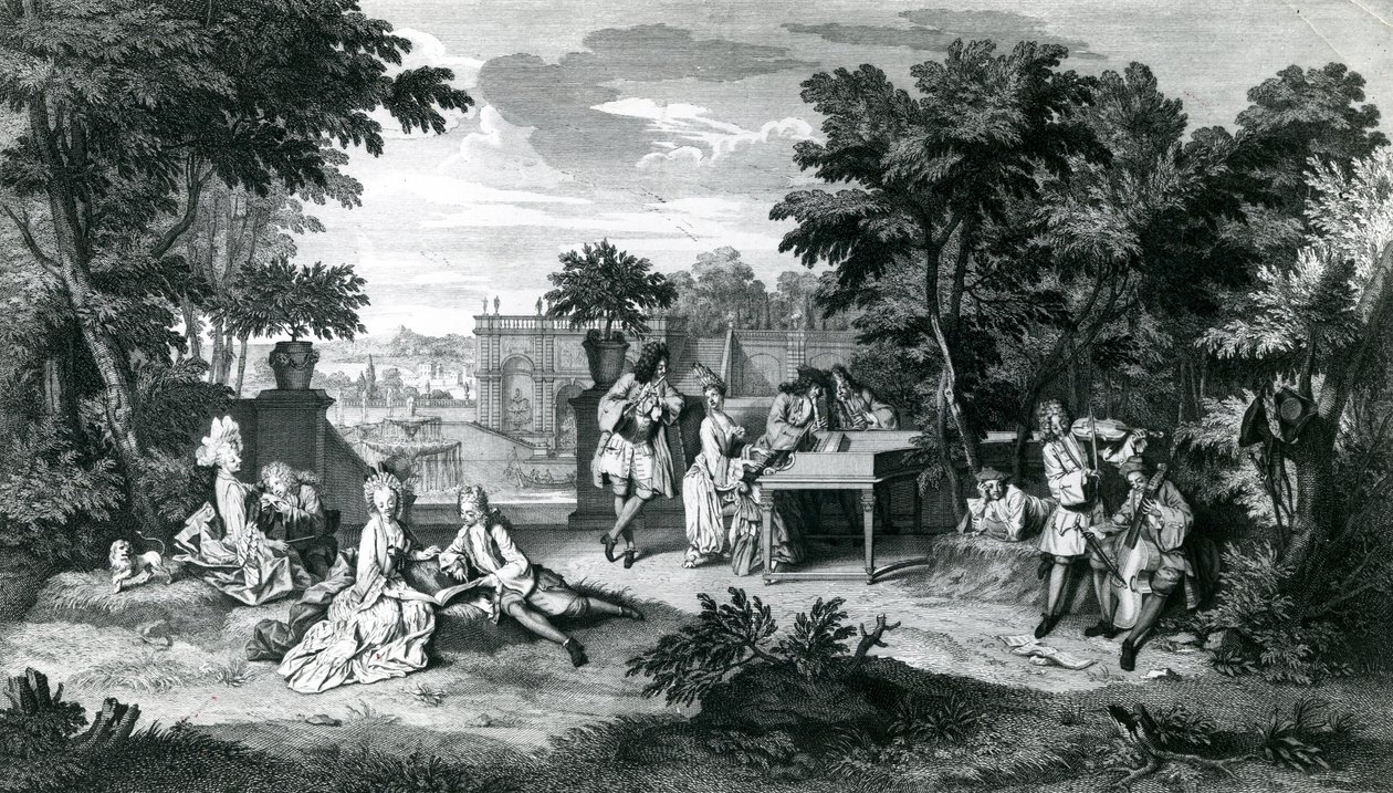 美しい夏の日の茂みの木陰で... c。1710 作： バーナード・ピカール
