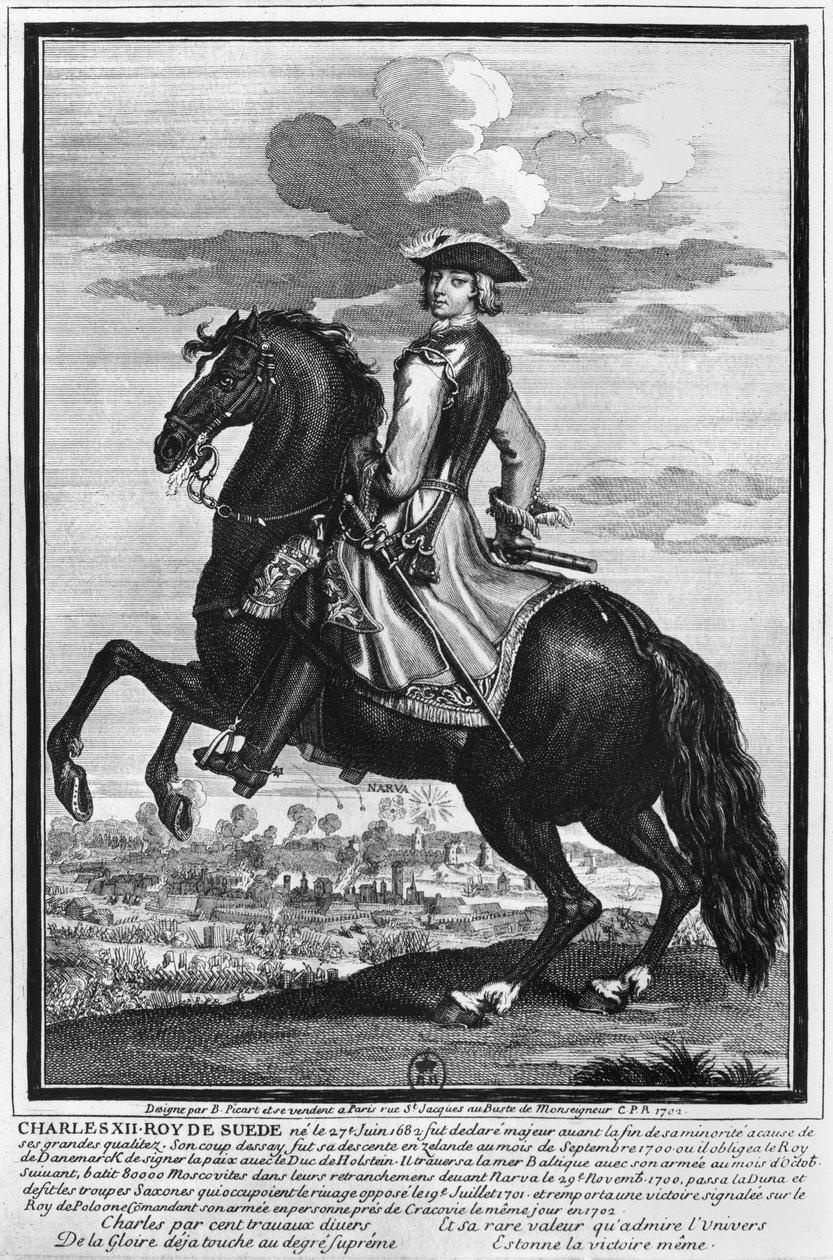 スウェーデンのチャールズ12世（1682-1718）、馬に乗って1702年 作： バーナード・ピカール