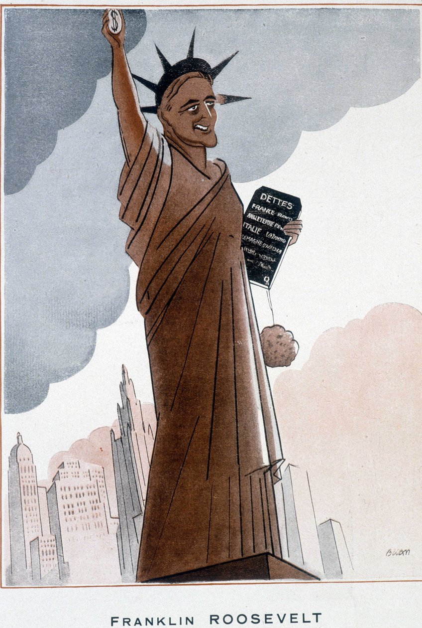 自由の女神」のフランクリン・ルーズベルトによる漫画 - バーナード・ベカン（ベルンハルト・カーン）（1890-1943）によるイラスト（1932年12月1日付「ファンタジオ」にて 作： バーナード・ベカン
