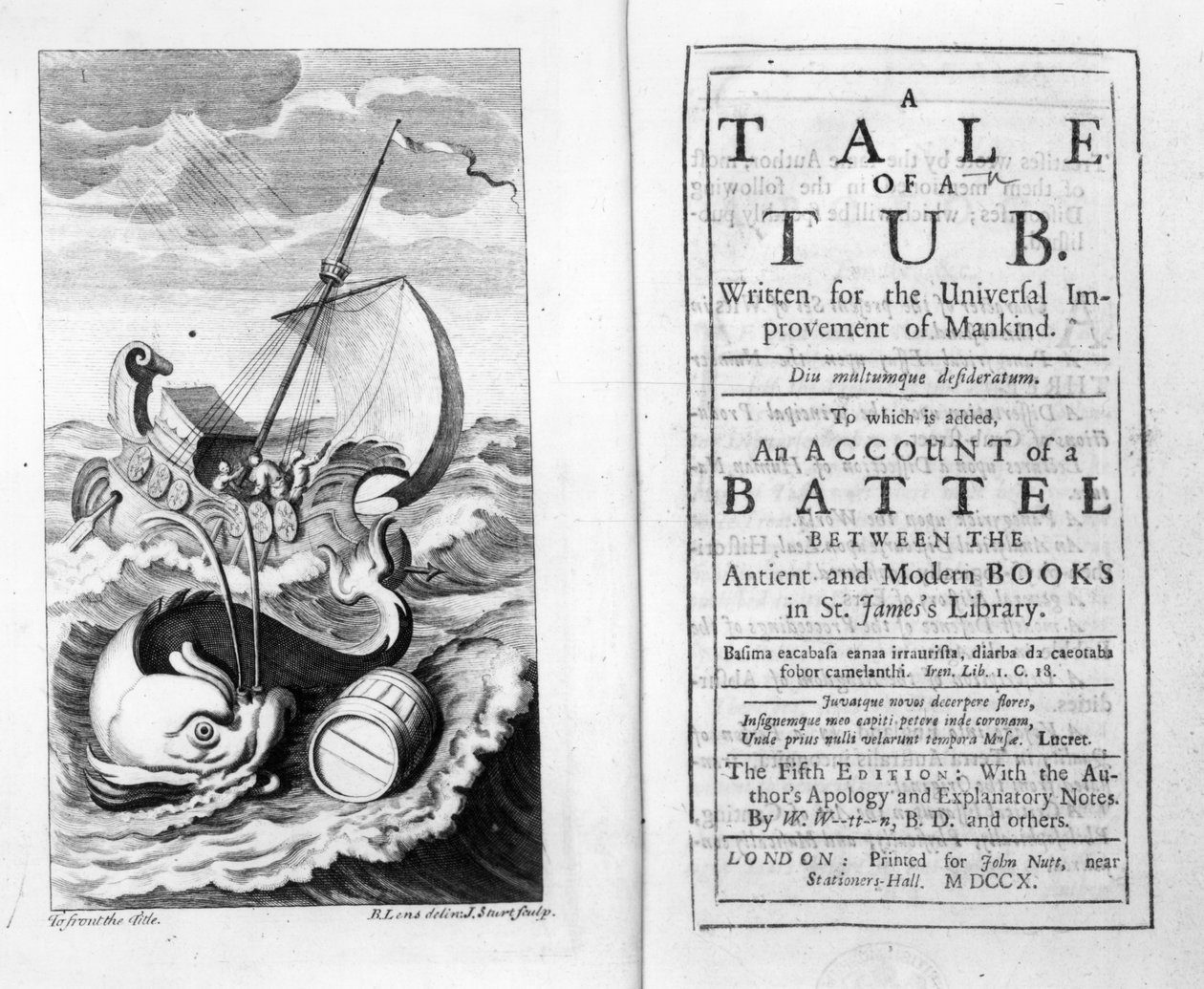 ジョンスタート、1704年に刻まれたジョナサンスイフトの浴槽物語の表紙とタイトルページ 作： バーナードIIレンズ