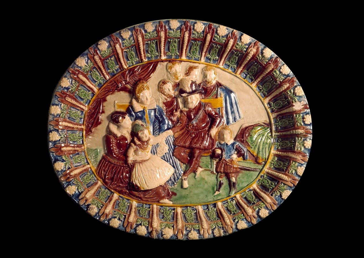 アンリ4世とその家族を表す皿。ベルナール・パリシー（1510-1589）作、釉薬をかけた土でできた陶器 作： バーナード・パリシー