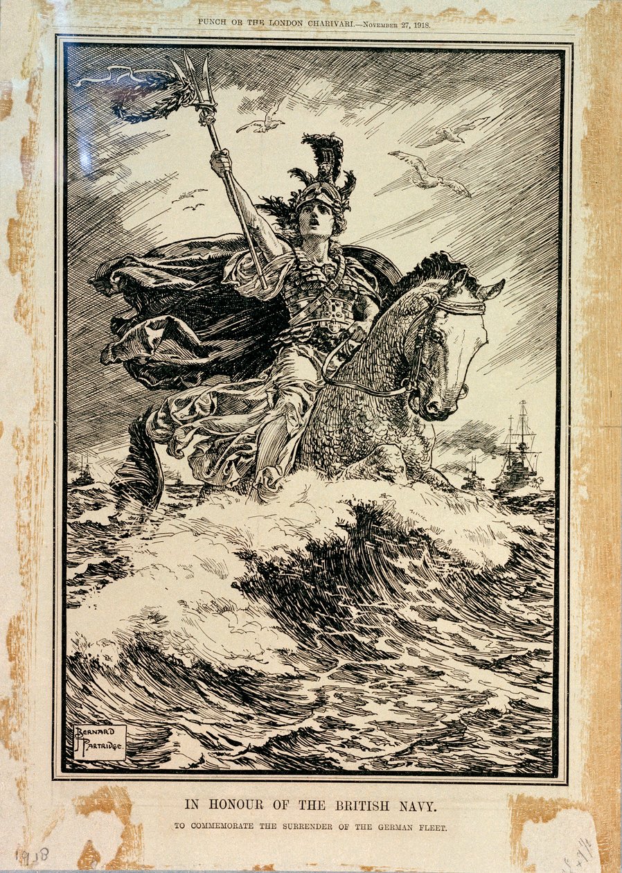 英国海軍に敬意を表して。ドイツ艦隊の降伏を記念して。1918年11月27日付『パンチ』表紙 作： バーナード・パートリッジ