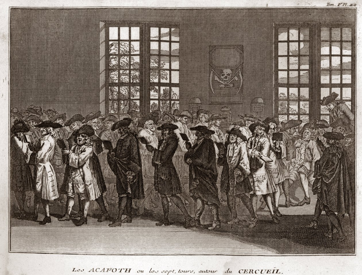 葬儀で「アカフォト」を行うユダヤ人弔問客の群れ ベルナール・ピカール（1723-1743）の「世界の諸民族の儀式と宗教的慣習の図解」からのエングレーヴィング 1819年 個人蔵 作： バーナード・ピカール