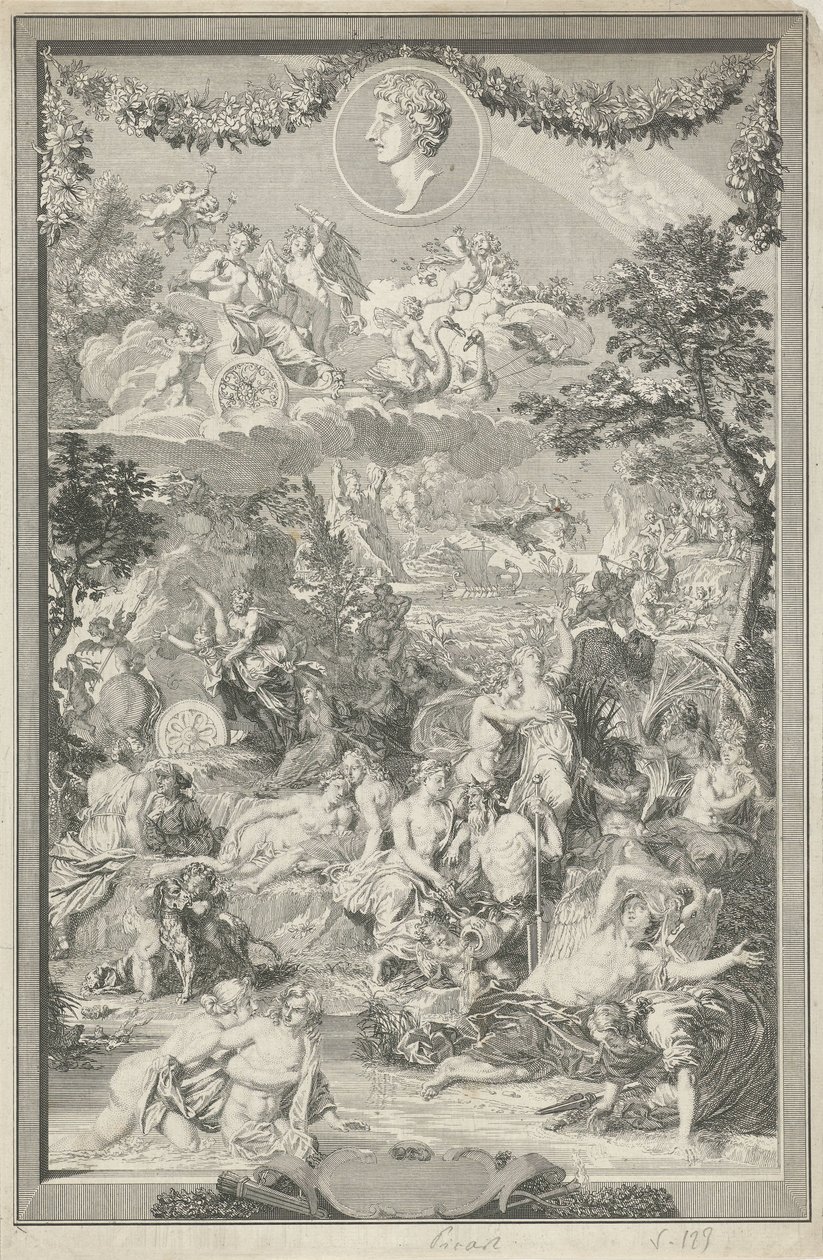 Ovid と彼の肖像画の変容からのさまざまなシーンを含む寓話的なタイトル ページ 作： バーナード・ピカール