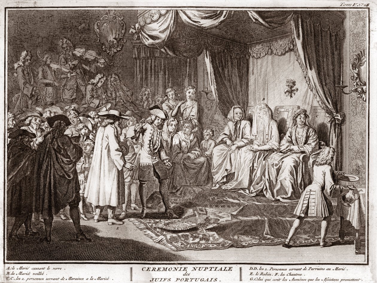 ポルトガルのユダヤ人コミュニティにおけるユダヤ人の結婚式 ベルナール・ピカール（1723-1743）の「世界の諸民族の宗教的儀式と習慣の図解」からのエングレーヴィング 1819年 個人蔵 作： バーナード・ピカール