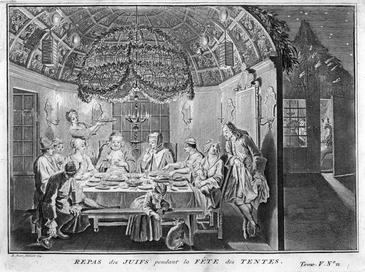 ユダヤ教：ユダヤ人のためのスッコト（幕屋の祭り）の食事 ベルナール・ピカール（1723年〜1743年）の「世界の各民族の宗教的儀式と習慣の図解」からの版画 1819年 個人蔵 作： バーナード・ピカール