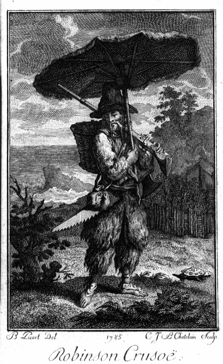 荒れ果てた島でのロビンソン・クルーソーを表現したもの。ベルナール・ピカール（1673-1733）がダニエル・デフォー（1660-1731）の小説を描いた版画。 作： バーナード・ピカール
