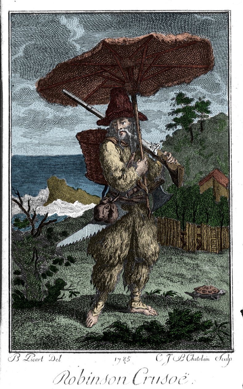 荒れ果てた島でのロビンソン・クルーソーを表現したもの。ベルナール・ピカール（1673-1733）がダニエル・デフォー（1660-1731）の小説を描いた版画。 作： バーナード・ピカール