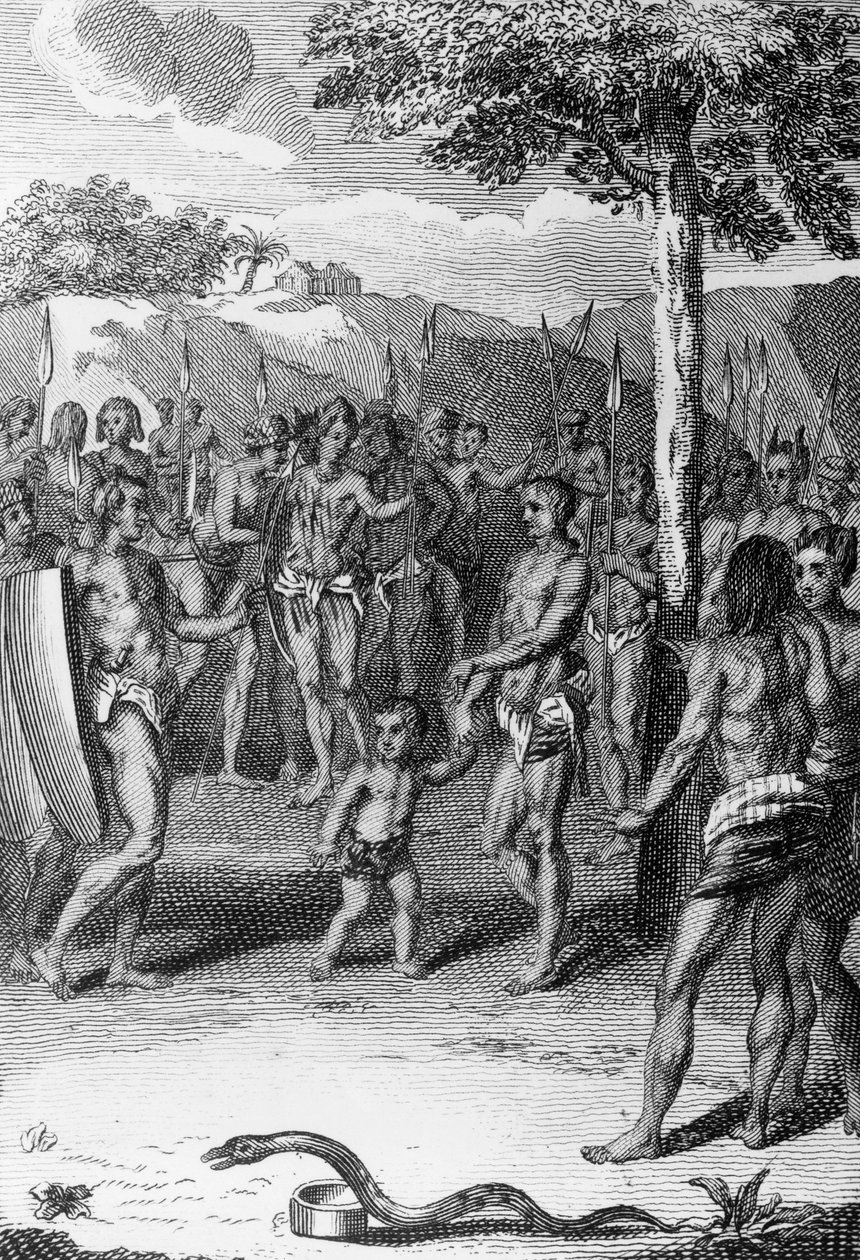 アントワーヌ・バニエ（1673-1741）とジャン・バティスト・ル・マスクリエ（1697-1760）による「Histoire Generale des Ceremonies, moeurs, et coutumes religiousness de tous les peuples du monde」より「手前に蛇がいる儀式（ギニア 作： バーナード・ピカール
