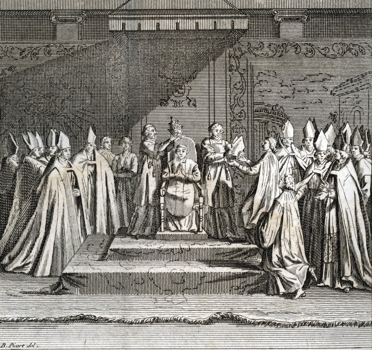 教皇職の厳粛な就任式 "Representation du coronation du pope" （教皇就任式：教皇の戴冠式） ベルナール・ピカール（1723-1743）の「世界のあらゆる民族の儀式と宗教的習慣の図解」からのエングレービング 作： バーナード・ピカール