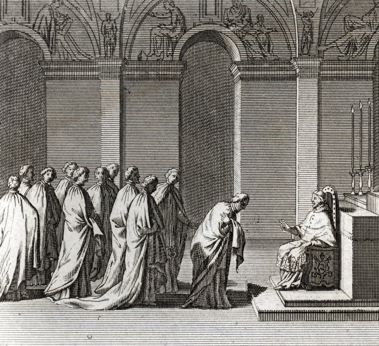 厳粛な教皇就任式。"The Adoration of the Pope in the Sistine Chapel" （教皇就任式：システィーナ礼拝堂での教皇の礼拝） "Illustration of Ceremonies and Religious Custom of All Peoples of the World "からのエングレーヴィング。 作： バーナード・ピカール