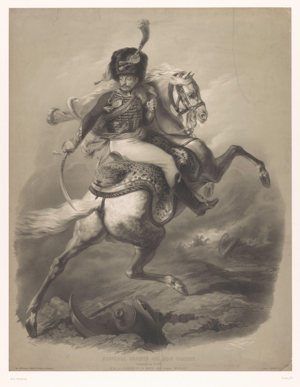 馬に乗った攻撃将校 Le chasseur de la garde (オブジェクトのタイトル) 2種類のチョークを使った新作リトグラフ（連載タイトル） Nouveau groupes aux deux クレヨン (オブジェクトのシリーズ タイトル) 作： ベルナール・ロマン・ジュリアン