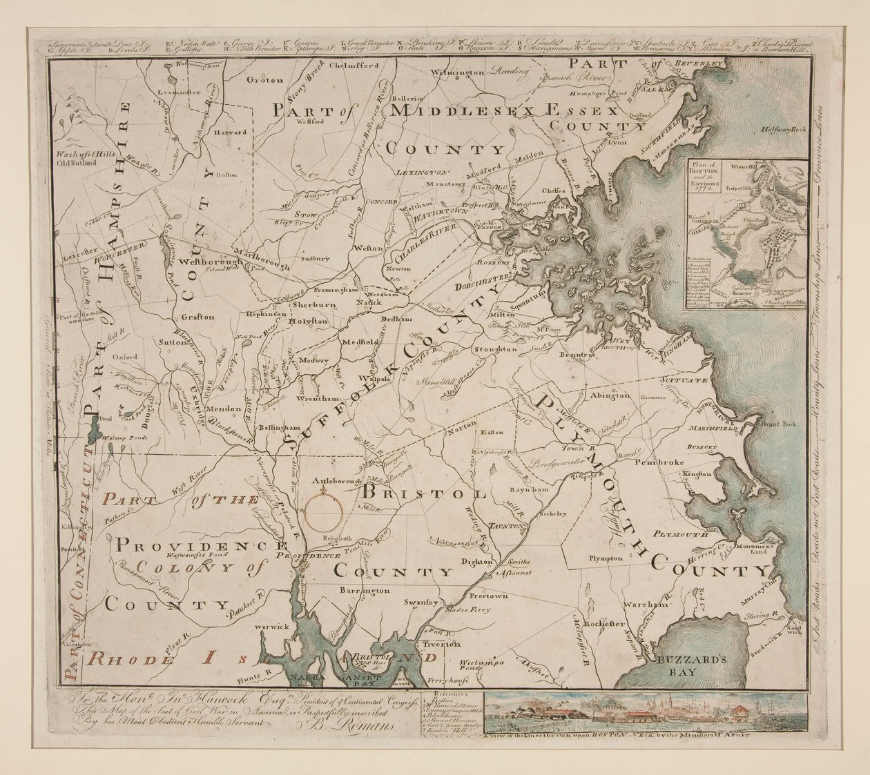 ボストンとエンビロンの地図, ca. 1775年 作： バーナード・ロマンス