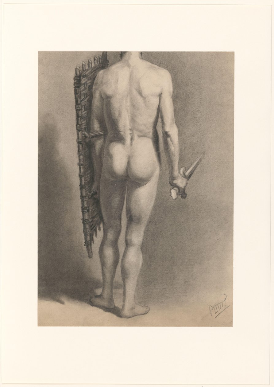 後ろから見た剣と盾を持った男性の裸体 作： Bernard Willem Wierink（アーティストによる署名）