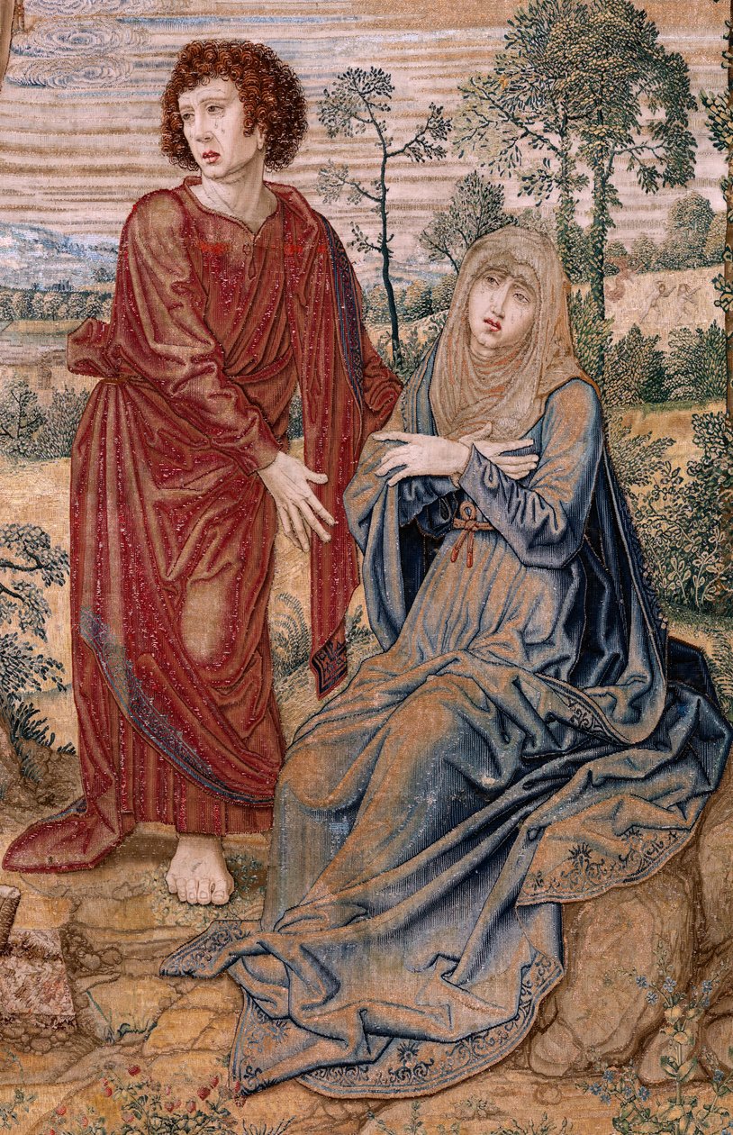 フランダースのタペストリー。 シリーズ カール 5 世の台座 (オーストリアのマーガレットのバルダキン)。 慈悲のキリスト (Cristo de la Misericordia)。 台座裏のタペストリーパネル。 モデル バーナード・ファン・オーリー (1491-1542)。 ブリュッセルのピーター・デ・パンネメーカーのマニュファクチュール。 1518-1524。 ファブリック G 作： バーナード・ファン・オーリー