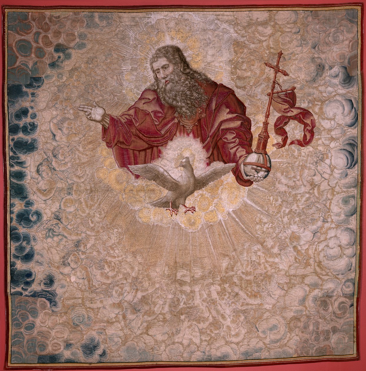 フランダースのタペストリー。 シリーズ カール 5 世の台座 (オーストリアのマーガレットのバルダキン)。 父なる神と聖霊 (El Padre Eterno y el Espíritu Santo)。 台座の天蓋のタペストリー。 モデル バーナード・ファン・オーリー (1491-1542)。 マニュファクチュール ピーテル デ パンネメーカー、 作： バーナード・ファン・オーリー