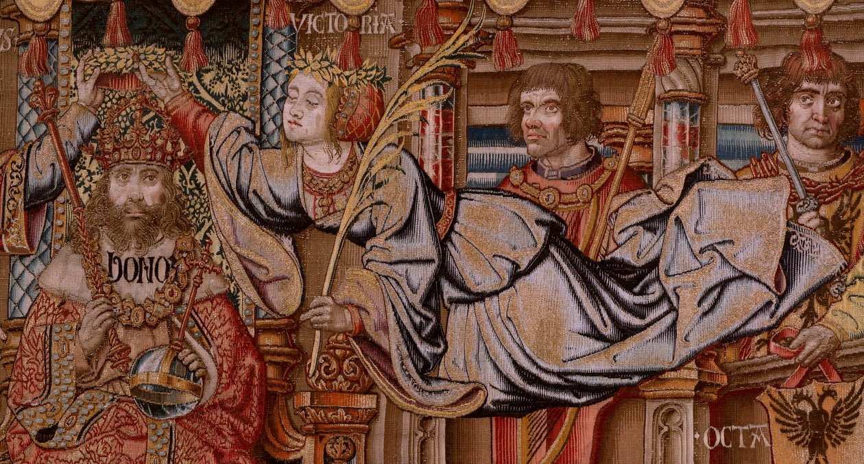 Flemischer Wandteppich. Serie Die Ehren. Ehre. Zweiter Wandteppich in der Serie. Modell Zeichner aus dem Kreis von Bernard van Orley und Jan Gossaert (Mabuse). Herstellung Pieter van Aelst, Brüssel. Ca. 1550. Stoff Gold, Silber, Seide und Wolle. von Bernard van Orley