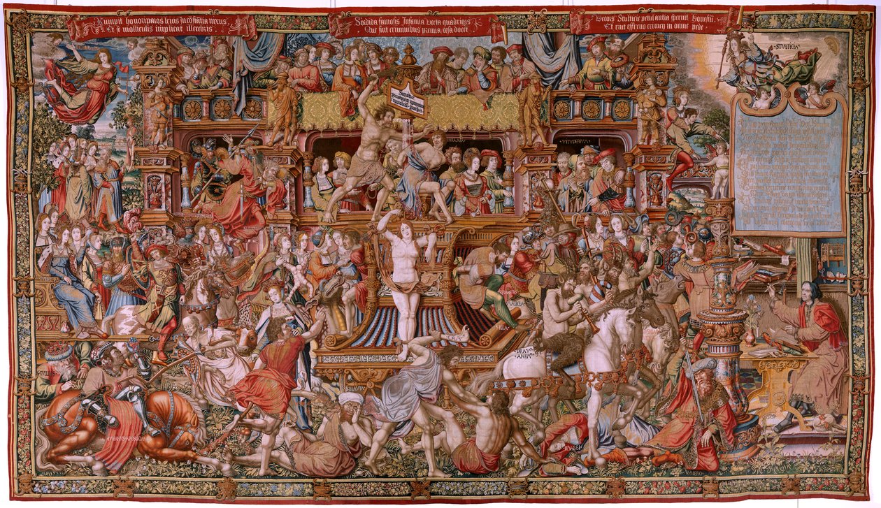 フランダースのタペストリー。 シリーズ ザ・オナーズ。 インファミー（ラ・インファミア）。 シリーズ第6弾のタペストリー。 Bernard van Orley と Jan Gossaert (Mabuse) のサークルのモデル漫画家。 ブリュッセルのピーター・ファン・アールストのマニュファクチュール。 1550年頃。生地 ゴールド、シルバー、シルク、ウール。 作： バーナード・ファン・オーリー